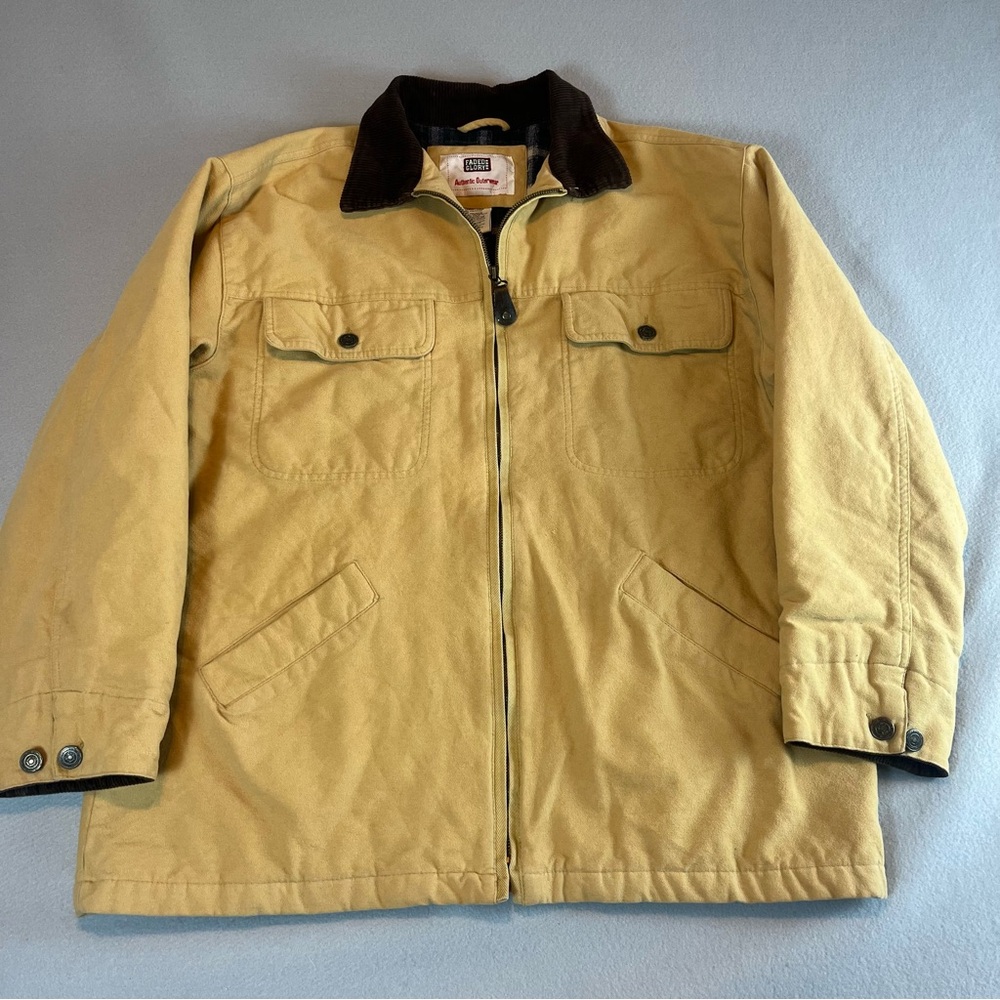 Vintage Faded Glory Chore Jacket Mens Large Tan Canvas Cotton Plaid Lined Barn